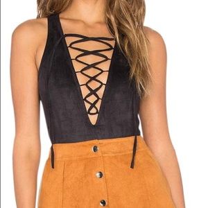 Glamorous Black Suede Lace Up Bodysuit Sz S NWT